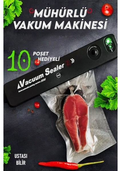Ev Tipi Vakum Paketleme Makinesi, 10 Poşet, Yiyecekleri Taze Tutar, Kolay Kullanım