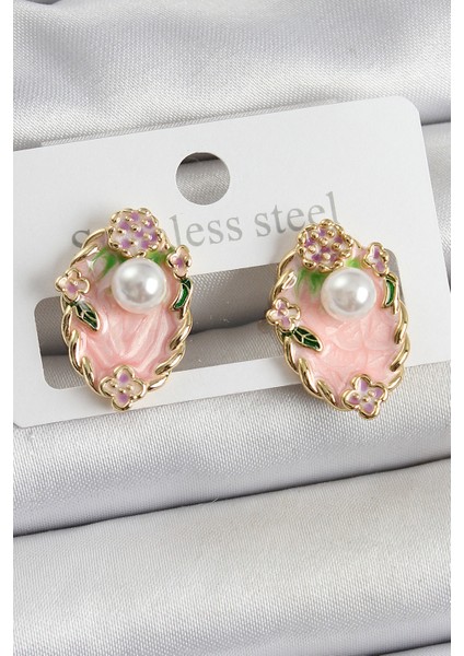 Pirinç Pembe Mineli Inci Detaylı Sanatsal Portre Model Gold Renk Kadın Küpe