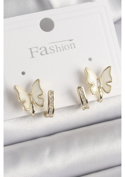 Pirinç Gümüş Renk Zirkon Taş Detaylı Beyaz Sedefli Model Kadın Küpe