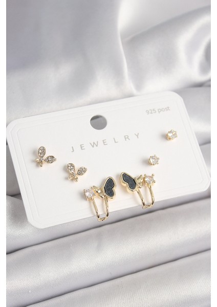 925 Ayar Gümüş Çivi Pirinç Zirkon Taşlı Model Kadın Küpe Seti