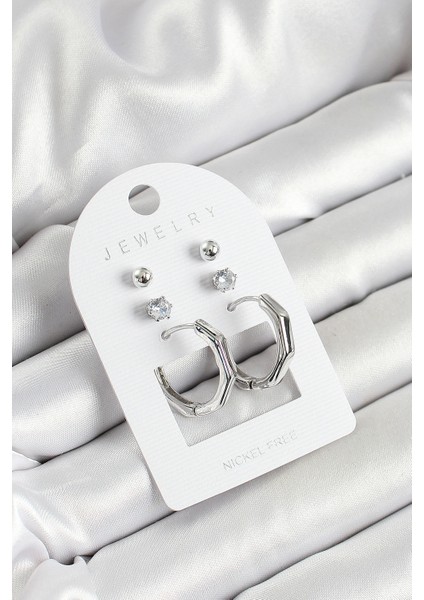 Pirinç Zirkon Taş ve Kemik Halka Figürlü Gümüş Renk 3'lü Çift Kadın Küpe Set