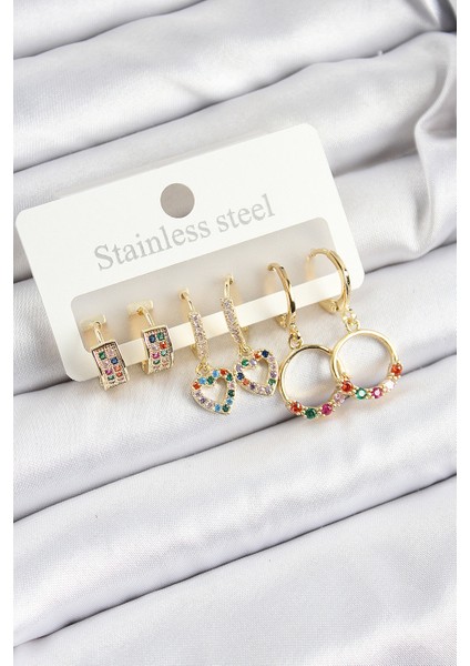 Pirinç Zirkon Taşlı Kalp ve Halka Model Gold Renk 6'lı Set Kadın Küpe