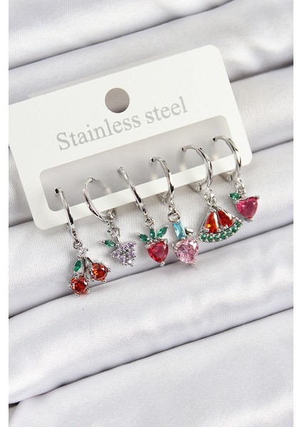 Pirinç Zirkon Taşlı Karpuz Yonca Kalp Pusula Karışık Model Gümüş Renk 6'lı Set Kadın Küpe