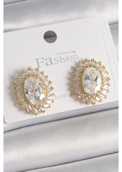 Pirinç Gold Renk Zirkon Taşlı Kadın Küpe