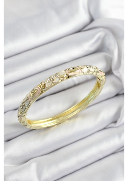 Mineli Pirinç Zirkon Taşlı Beyaz Pembe Çiçek Motifli Gold Renk Kadın Kelepçe