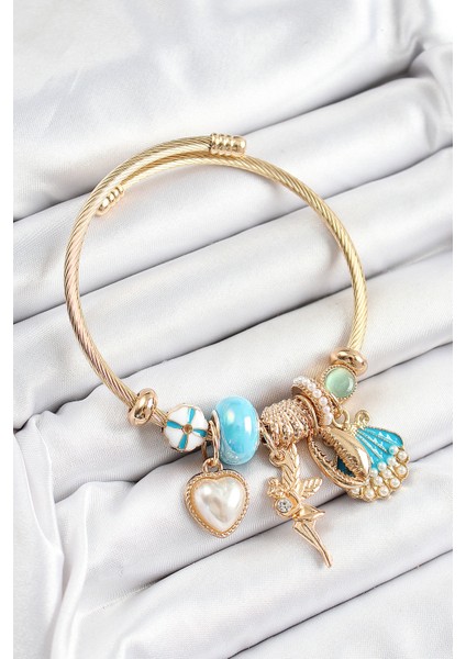 316L Çelik Mavi Zirkon Taşlı Yıldız Melek Istiridye ve Kalp Model Gold Renk Charm Bileklik