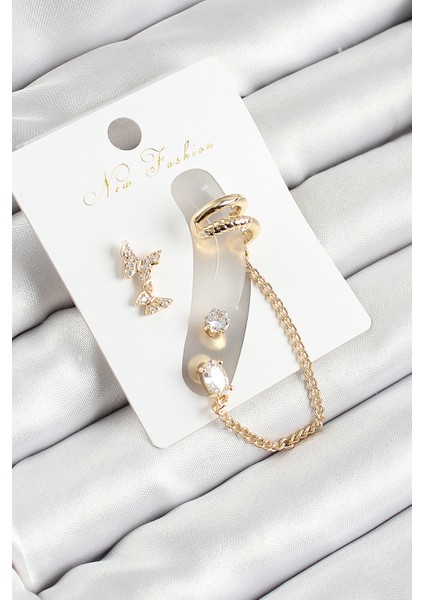 Pirinç Figürlü Zirkon Taşlı Gold Renk 3'lü Kıkırdak Kadın Küpe Set