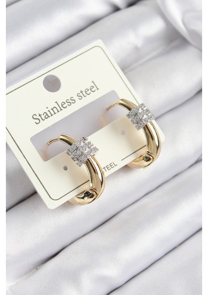 316L Çelik Zirkon Taşlı Halka Model Gold Renk Kadın Küpe