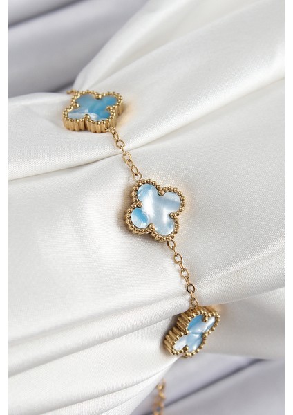 316L Çelik Mavi Sedef Yonca Model Gold Renk Kadın Bileklik