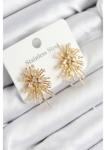 316L Çelik Zirkon Taşlı Aurora Işıltı Model Gold Renk Kadın Küpe