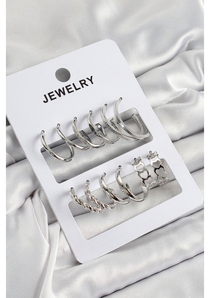 Pirinç Karışık Halka Model Gümüş Renk 6 Çift Kadın Küpe Set