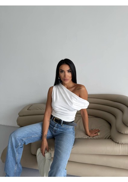 Büzgülü Drapeli Tek Omuz Kadın Yazlık Şık Trend Tek Omuz Bluz fırsatları
