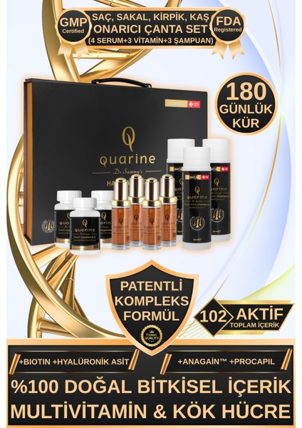 Quarine 6 Aylık Premium Çanta Set (4 Serum+3 Tablet+3 Şampuan) Dökülmelere Karşı Bitkisel Kök Hücre Ekstratları, Vitamin ve Mineral İçeren Onarıcı Tırnak ve Saç Bakım Seti