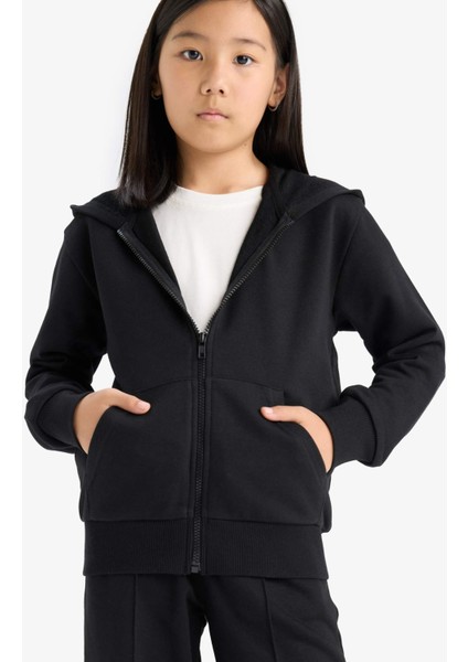 Kız Çocuk Basic Düz Kapüşonlu Fermuarlı Sweatshirt C8110A825AU
