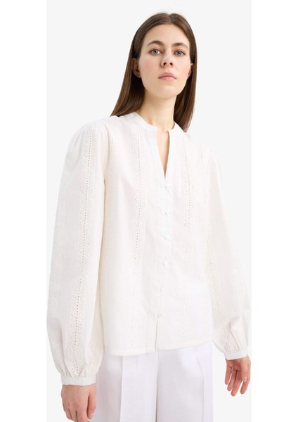 Regular Fit Bisiklet Yaka Brode Uzun Kollu Gömlek modelleri