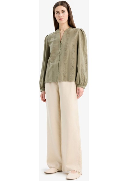 Regular Fit Bisiklet Yaka Brode Uzun Kollu Gömlek E6531AX25AU fiyatları