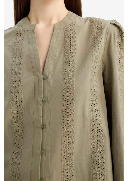 Regular Fit Bisiklet Yaka Brode Uzun Kollu Gömlek E6531AX25AU indirimleri