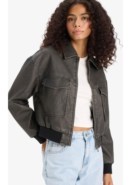 Polo Yaka Fermuarlı Cepli Suni Deri Ceket Mont E8536AX25AU