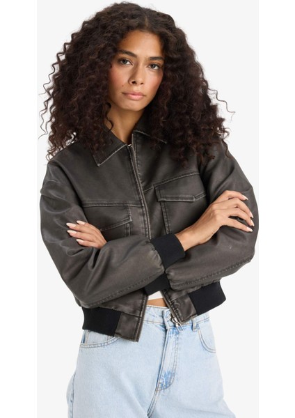 Polo Yaka Fermuarlı Cepli Suni Deri Ceket Mont E8536AX25AU modelleri