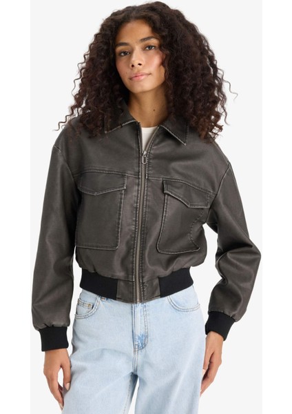 Polo Yaka Fermuarlı Cepli Suni Deri Ceket Mont E8536AX25AU fırsatları