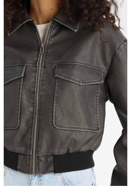 Polo Yaka Fermuarlı Cepli Suni Deri Ceket Mont E8536AX25AU indirimleri