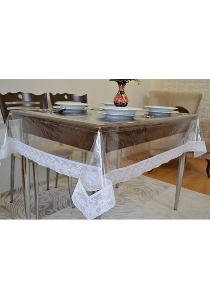Beyaz Dantelli Şeffaf Pvc Masa Örtüsü 140X180 CM