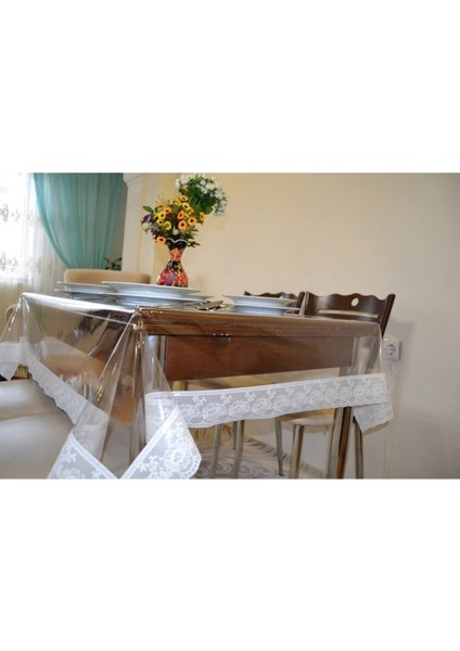 Beyaz Dantelli Şeffaf Pvc Masa Örtüsü 140X180 CM fırsatları