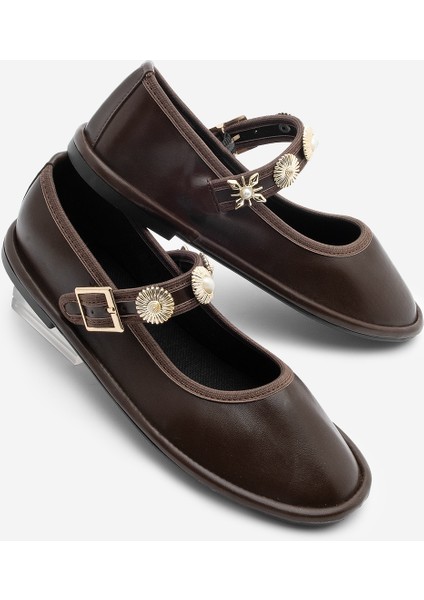 Kadın Bantlı Gold Tokalı Babet Semura Kahve