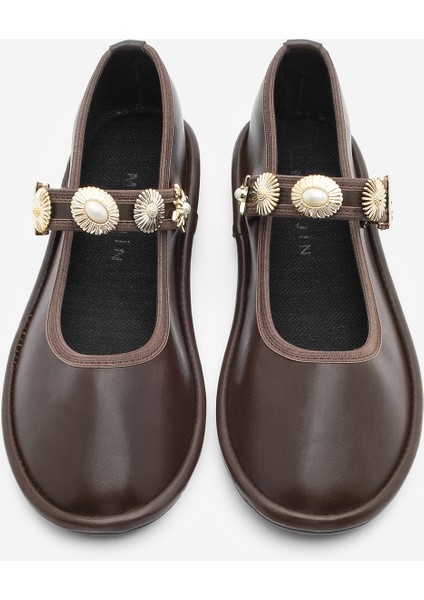 Kadın Bantlı Gold Tokalı Babet Semura Kahve