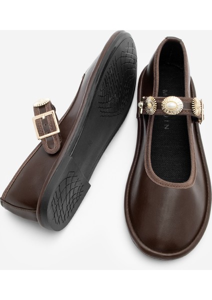 Kadın Bantlı Gold Tokalı Babet Semura Kahve