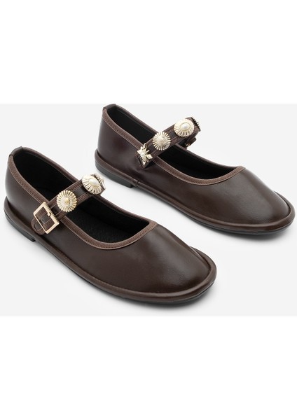 Kadın Bantlı Gold Tokalı Babet Semura Kahve