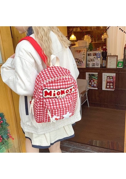 Yeni Öğrenci Sırt Çantası Japonya Sevimli Kitty Omuz Çantası Ins Büyük Kapasiteli Rahat Izgaralı Dövme Öğrenci Kitap Çantası Dalga (Yurt Dışından) fiyatları