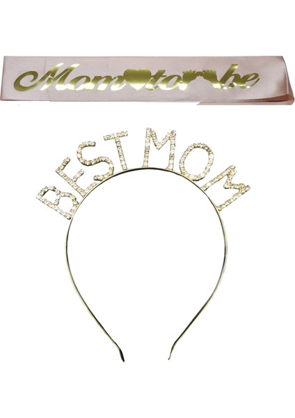 Mom To Be Kuşak ve Best Mom Metal Taç & Baby Shower Set & Pembe Altın Kuşak Altın Taç