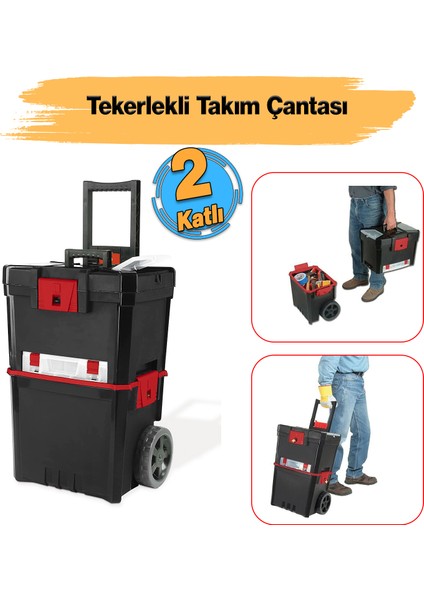 Tekerlekli Takım Çantası Plastik Organizer Bölmeli Kapaklı 2 Katlı Ikili Takım Sandığı Monoblok