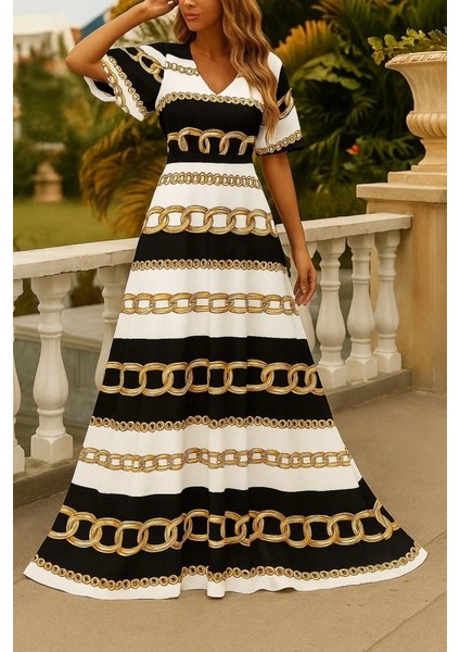 Kadın Kısa Kollu V Yakalı Desenli Süprem Elbise