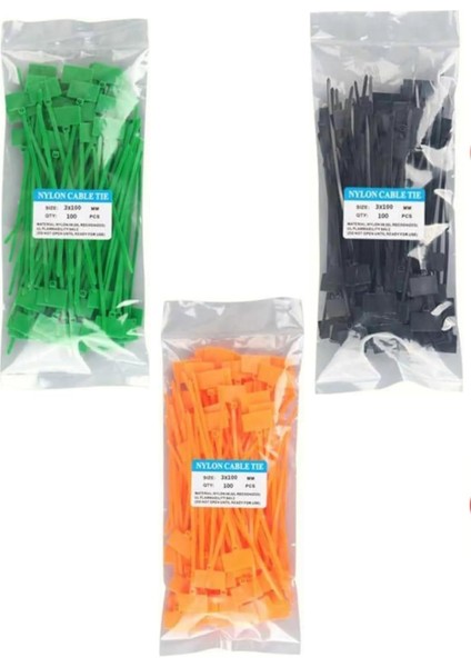 300 Adet 3 Renk Etiketli Elektrik Kablosu Kablo Bağı Klips Plastik Kelepçe Cırt Cırt Kelepçe 100X3MM Turuncu Siyah Yeşil