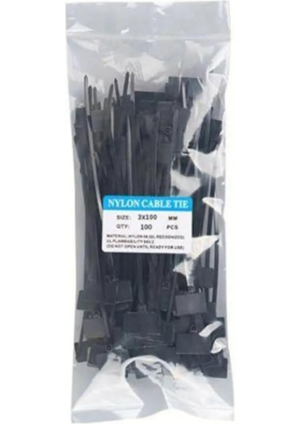 100 Adet Siyah Etiketli Elektrik Kablosu Kablo Bağı Klips Plastik Cırt Cırt Kelepçe 100X3MM (Siyah)