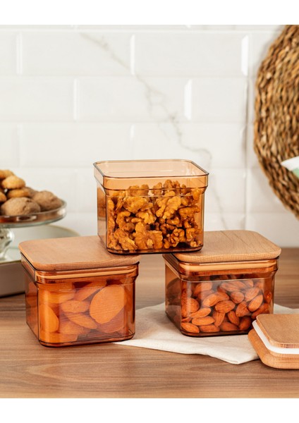 Kaviera 500ml Ahşap Kapaklı Saklama Kabı 3'lü