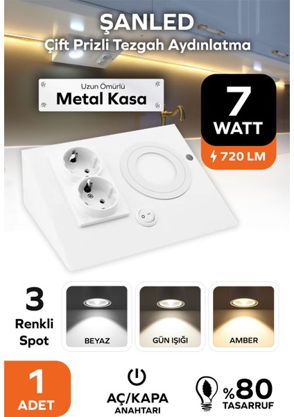 7W 3 Renkli Beyaz Çift Prizli Dolap & Tezgah Altı Metal Led Aydınlatma