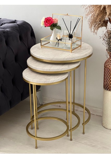 Aybars Gold Metal Eskitme Beyaz Kaplama Zigon Sehpa