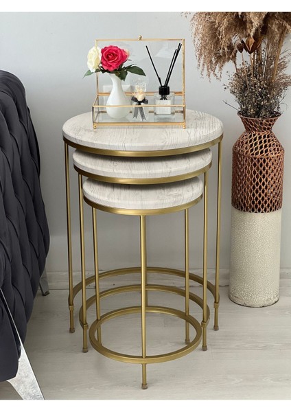 Aybars Gold Metal Eskitme Beyaz Kaplama Zigon Sehpa fiyatları