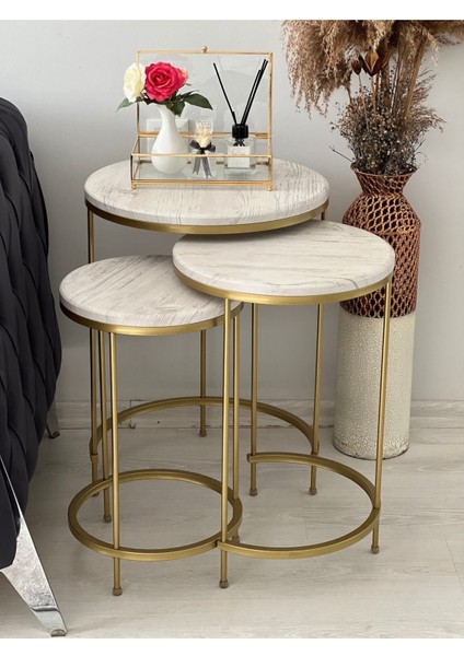 Aybars Gold Metal Eskitme Beyaz Kaplama Zigon Sehpa modelleri