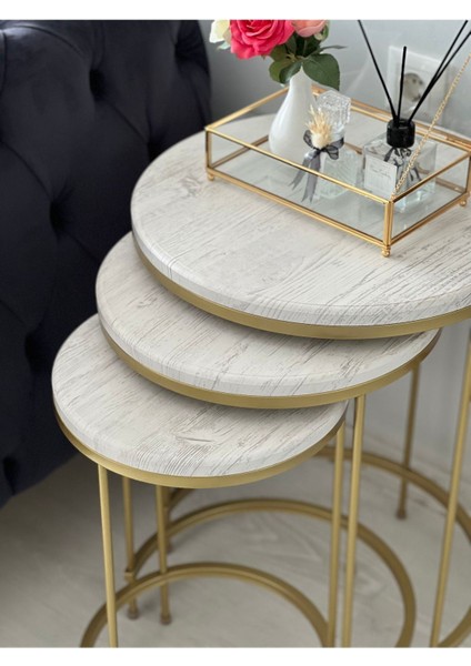 Aybars Gold Metal Eskitme Beyaz Kaplama Zigon Sehpa indirimleri
