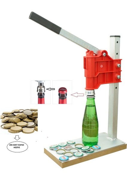 Gazoz ve Soda Kapağı Kapatma Makinesi, Ayarlanabilir Boy, 200 Kapak Dahil