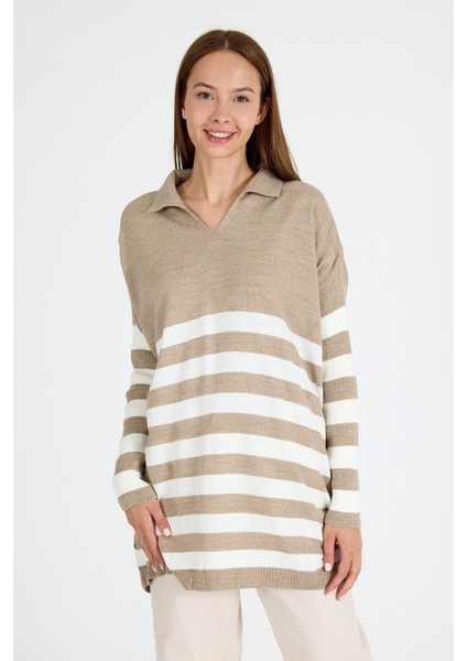 Açık Vizon Polo Yaka Çizgili Tunik 5340