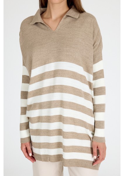 Açık Vizon Polo Yaka Çizgili Tunik 5340 fırsatları