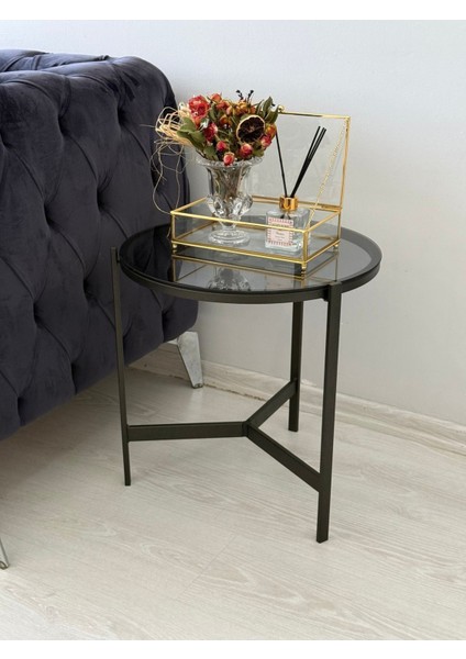 Metal Camlı Yan Sehpa Siyah - Füme