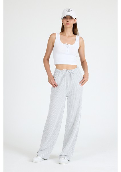 Gri Beli Lastikli Çizgili Geniş Paça Dokuma Pantolon 4098