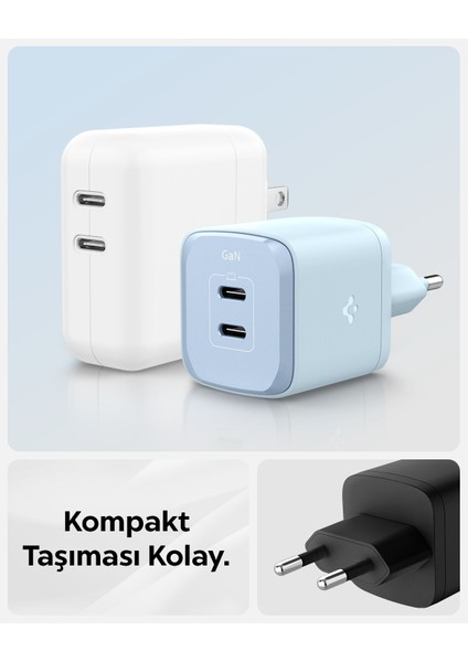 45W USB-C 2 Port Mini Hızlı Şarj Aleti PPS 2.0 Desteği / Isı Düşürücü GaN III Destekli Akım Korumalı Güç Adaptörü iPhone & Android & iPad & MacBook Type-C PE2203 White - ACH05155