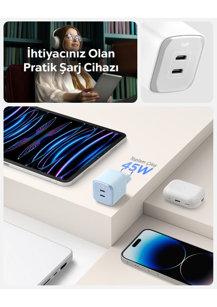 45W USB-C 2 Port Mini Hızlı Şarj Aleti PPS 2.0 Desteği / Isı Düşürücü GaN III Destekli Akım Korumalı Güç Adaptörü iPhone & Android & iPad & MacBook Type-C PE2203 White - ACH05155